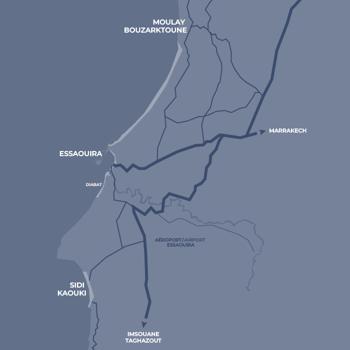 Carte présentant les spots de kitesurf, wingfoil et surf à proximité d'Essaouira